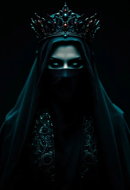 In this captivating dark fantasy portrait, a mysterious veiled queen stands proudly, exuding an aura of power and silent command. Her face, partially obscured by an enigmatic veil, is shrouded in shadow and intrigue. The queen's ornate crown, adorned with striking crimson details, contrasts against the deep teal and black color palette. The low-key lighting creates a dramatic atmosphere, with shadows adding depth to the exquisite textures of her regal attire. The background is dark and mysterious, heightening the sense of secrecy and allure. The cinematic style, achieved through a shallow depth of field and high ISO for grain, combined with a 85mm lens, captures the queen's regal presence in a realistic yet dreamlike manner., dark fantasy, cinematic