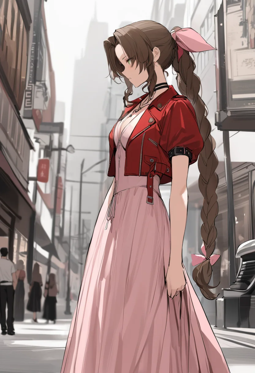 masterpiece, best quality, 1girl, anime style, (dishwasher1910:0.6) <lora:aerith-xl-nvwls-v1-000006:1> defaerith, braided ponytail, pink hair bow, choker, necklace, cropped jacket, red jacket, short sleeves, pink dress, long dress, profile, city street, looking down, sad