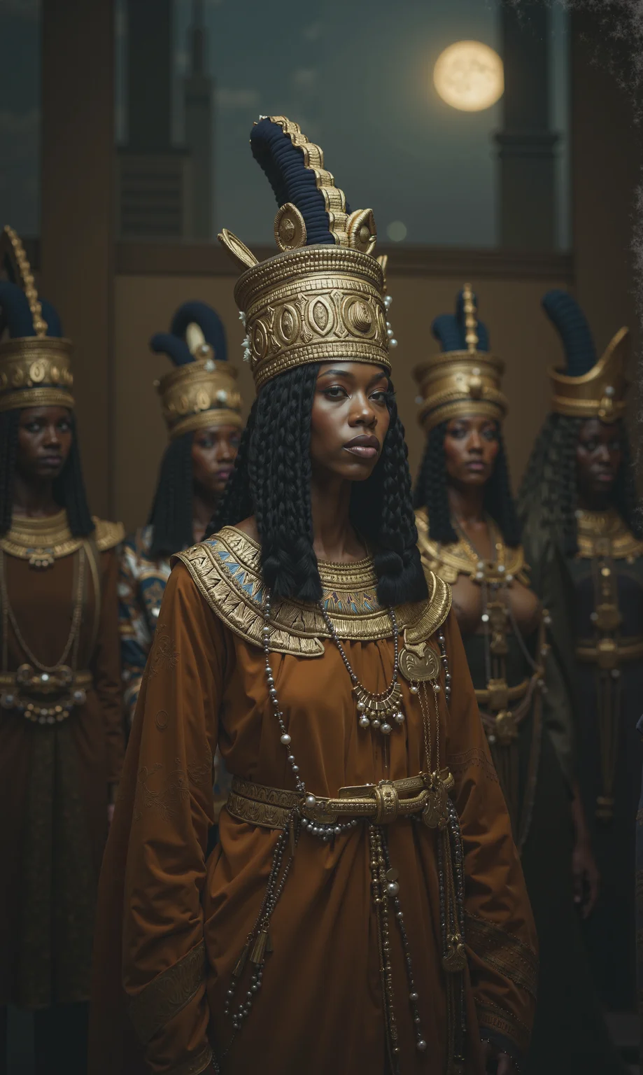 Professional photograph of a group of people dressed in ancient Egyptian attire standing in a row. The central figure is a man wearing an elaborate Egyptian god pharaoh costume, which includes a large ornate headdress with a prominent plume and a necklace. He is flanked by several others similarly dressed in elaborately detailed historical Egyptian garments. The outfits include tunics, belts, and headdresses typical of ancient Egyptian royalty and nobility. The background is dark and somewhat abstract, with vertical lines and a gradient of colors ranging from dark blue to purple. The overall color palette of the image is muted, dominated by shades of brown, gray, and blue. The lighting seems muted, which creates a dramatic and somewhat mysterious atmosphere. The people in the photograph stand in a straight line, facing forward, their bodies slightly tilted toward each other. The pose of the central figure is commanding, suggesting leadership or authority. The central figure's attire and headdress are particularly elaborate, suggesting a high status or royal role. Background elements, such as vertical lines and abstract shapes, give the photograph a sense of depth and complexity, enhancing its historicity and drama. The overall composition and outfits suggest historical or fantasy scene, perhaps inspired by ancient Egyptian themes. photograph, A regal woman with crown braided hair gazes contentedly into the distance as her elegant wizard hat drapes over her head. She wears an intricate wizard hat made of delicate pearls and shimmers in her skin. Her face is set against a backdrop of misty blue skies and glittering moonlight, as she holds onto a sparkling jewelery filled with magic potion. Moon in the night, shallow depth of field, Guilty, Bloom light, Long exposure, Nikon d3300, F/1.8, Ambrotype,