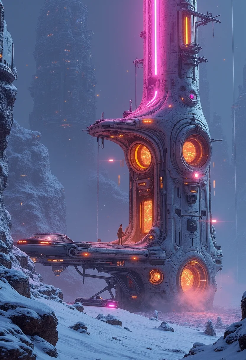 yfg-taal a sleek car parked nearby and snow-covered ground, emphasizing a mix of vibrant neon colors, high contrast, and detailed textures,Futuristic digital illustration of a house with glowing orange windows and neon pink accents in a snowy setting, surrounded by a cyberpunk cityscape with towering with intricate textures and vibrant colors. The scene should include a rich variety of elements, each contributing to the overall atmosphere. Lighting should be soft, diffused, and natural, enhancing the depth and realism of the scene. The mood is to be calm yet vibrant, creating a sense of serenity and wonder. Every detail in the scene should be meticulously rendered, emphasizing the contrast between light and shadow, and capturing the fine textures and subtle gradients. The color palette should be carefully chosen to evoke emotion, with each hue enhancing the aesthetic appeal of the overall composition. The final image should be immersive and captivating, drawing the viewer into its intricately detailed world.