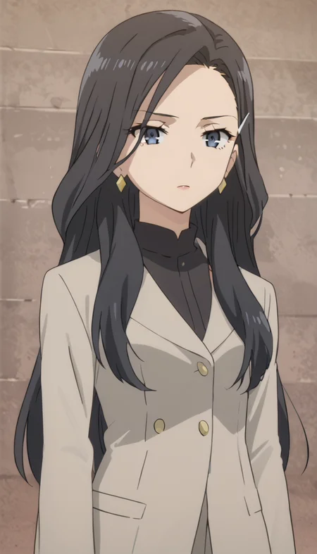 <lora:éº»è¡£ã®æ¯:0.8>,maihaha,black hair,earrings,hair ornament,long hair,, anime screencap,score_9,simple background,