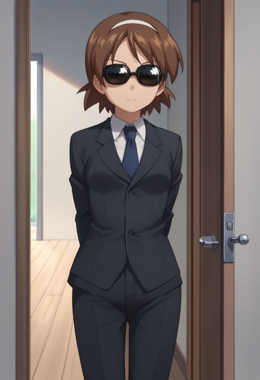 score_9, score_8_up, score_7_up, source_anime, 
sanae, 1girl, sunglasses, solo, brown hair, formal, suit, parody, necktie, hairband,
short hair, arms behind back, pant suit,
indoor, door. closed door,