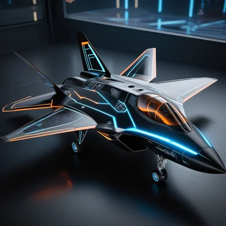 masterpiece, high detail, high resolution, photorealistic, futuristic, cyberpunk aircraft, black F22 raptor, yuuki asuna color theme, with glowing tron lines,