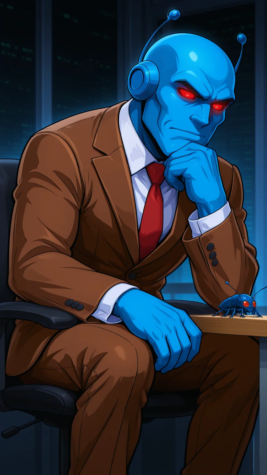 best quality, masterpiece, absurdres, newest,(official style:1.1), anime coloring,
<lora:CivBot_-_Evolved:0.8> 1boy, civbot, gigachad, sigma male, robot, male focus, solo, blue skin, colored skin, antennae, bald, glowing red eyes, professional clothes, suit, tie,
<lora:The_Thinker_pose_Concept_for_Illustrious:0.8> th1nk3r, sitting, head rest, 1boy, male focus, office chair, ((bugs, insects, flies)),