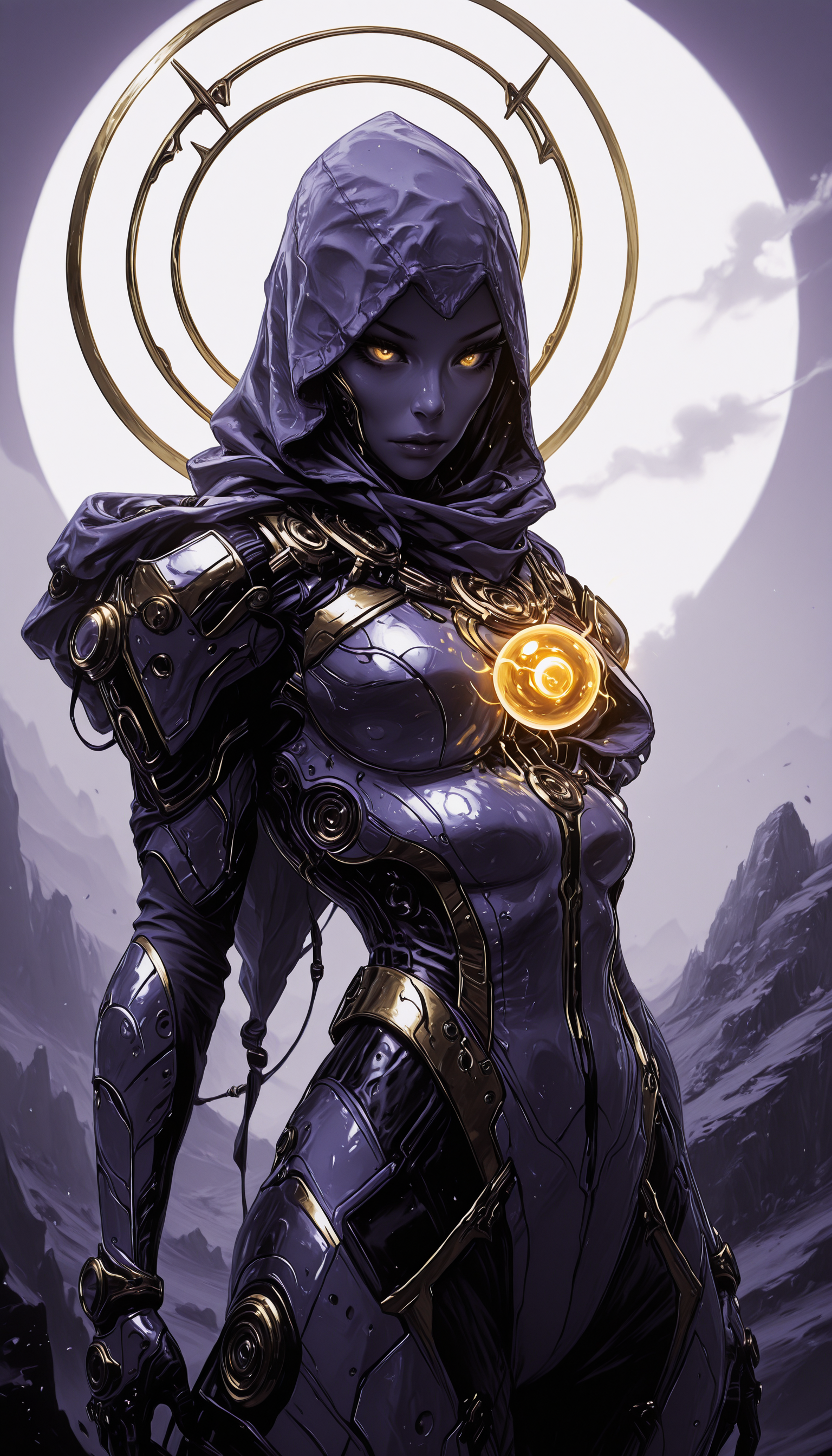 WCG-Illu,, kaarea masterpiece, best quality, high quality, ultra-detailed, realistic,  traditional media, limited palette, partially colored, vivid_color, high contrast, speed lines, sound effects, move_effects, action Create a digital artwork of a futuristic, armored figure. The figure is clad in sleek, metallic armor with a deep purple hue, accented by gold and silver details. The armor features sharp, angular patterns and a central glowing orb that illuminates the figure's face, casting a radiant glow. The character's hood obscures most of their face, adding an element of mystery. The background is a blend of dark and ethereal colors, with a large, circular, golden halo-like structure that enhances the mystical ambiance. The overall style should reflect a fusion of science fiction and fantasy genres, creating a captivating and immersive visual experience. 1girl, solo, breasts, medium_breasts, standing, cowboy_shot, hood, armor, halo, bodysuit, glowing, hood_up, WCG-Illu,, kaarea