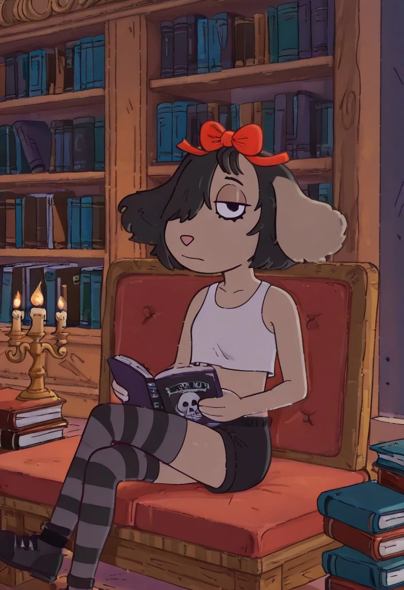 Fern Walters,, 1girl, solo, anthropomorphic dog, animal ears, tannish grey fur. red bow on her head,, emo, black hair, emo hair, dark eyeliner, makeup, sitting, crossed legs, library, reading book, striped thigh highs, goth, goth girl, emo girl, bored, looking at viewer, dark lighting, lit by candle, white crop top, hair over one eye, short hair, Big eyes, Skinny