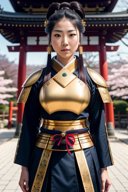 Professional Photo, Front Shot, of (beautiful  Japanese female Samurai warrior), (wearing elegant gold and black Japanese Armor, Kabuto, Mengu), in 4th century ancient Japan, standing in village center, near vivid Japanese maple, toned body, small breasts, perfect round butt, stunningly beautiful face, (detailed skin, skin texture), [goosebumps], [beauty marks], [fantasy], (highly detailed, hyperdetailed, intricate), (lens flare:0.6), (bloom:0.6), particle effects, rose peddles falling, raytracing, natural lighting, shallow depth of field, photographed on a Sony a9 II Mirrorless Camera, 50mm lens, F2.8, soft focus, ((RAW color)), HDR, cinematic film still
