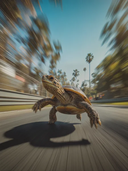 highly detailed and accurate photograph of a galapagos turtle running towards the viewer on a formula 1 race track, front legs in the air, leaping, high speed, motion blur, accurate shadow, <lora:dynamic_blur_effect-flux-by_yelvti:1.0>