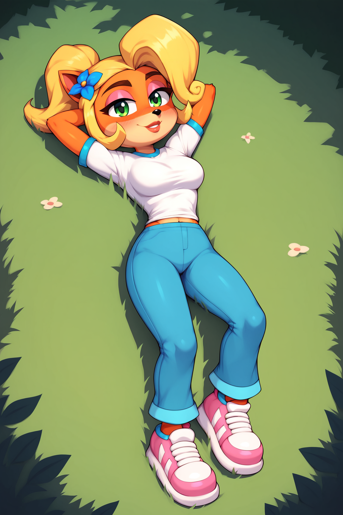 score_9, score_8_up, score_7_up, score_6_up, BREAK, CocoBandicootCNKPXL, anthro furry, furry female, body fur, orange fur, green eyes, blonde hair, short hair, ponytail, huge ahoge, hair flower, animal ears, medium breasts, white shirt, short sleeves, blue pants, pink shoes, solo, full body, (lying on grass), on back, arms behind head, seductive smile, looking at viewer, naughty face, nose blush, forest, tree <lora:CocoBandicootCNKPXL:1>