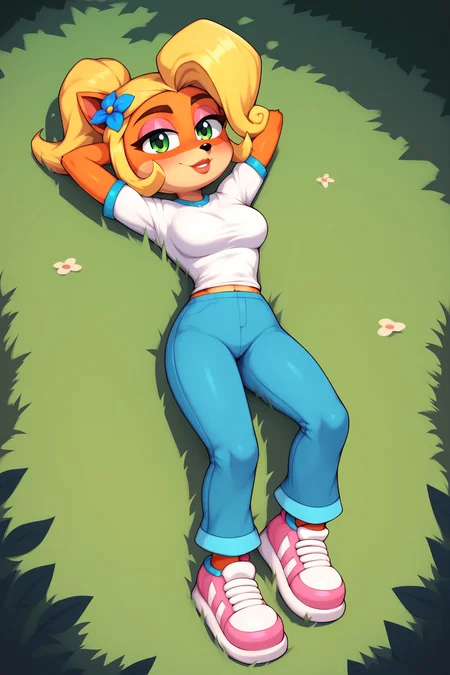 score_9, score_8_up, score_7_up, score_6_up, BREAK, CocoBandicootCNKPXL, anthro furry, furry female, body fur, orange fur, green eyes, blonde hair, short hair, ponytail, huge ahoge, hair flower, animal ears, medium breasts, white shirt, short sleeves, blue pants, pink shoes, solo, full body, (lying on grass), on back, arms behind head, seductive smile, looking at viewer, naughty face, nose blush, forest, tree <lora:CocoBandicootCNKPXL:1>