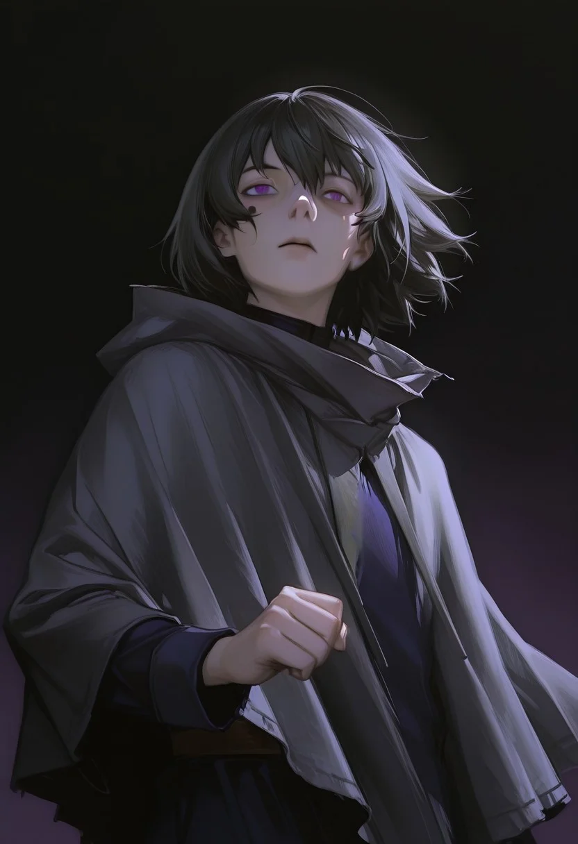 photo of a man, 1boy, solo, anime-art, Art8st, color theory, hyperdetailed, semi-realistic, semi-realism, darkness, dark background, battle pose, Raven, solo, male focus, black hair, grey hair, purple eyes, black eyes, grey poncho, dark blue uniform,