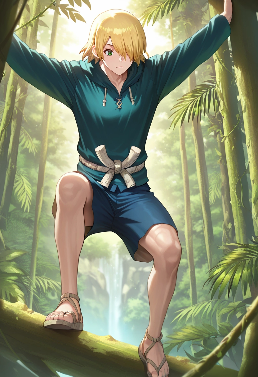 masterpiece, best quality, , semi-realistic,, 1boy, solo, male focus, <lora:ginrou_dr_stone_ilxl:0.96>, ginrou_dr_stone, blonde hair, green eyes, short hair, hair over one eye, , jungle canopy, tree platforms, vine bridges, bird nests, climbing pose, adventurous expression, morning, Cargo jogger shorts, Teal Marble Henley hoodie, Sandals, , and