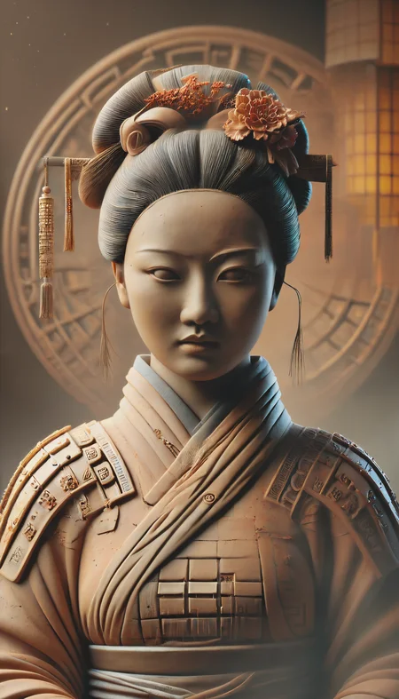 highly detailed, realistic, fine fabric detail, absurdres, highly-detailed, best quality, masterpiece, very aesthetic, A photorealistic image of a corrupted Geisha made of terracotta in a futuristic japanese setting. ((futuristic japanese background))