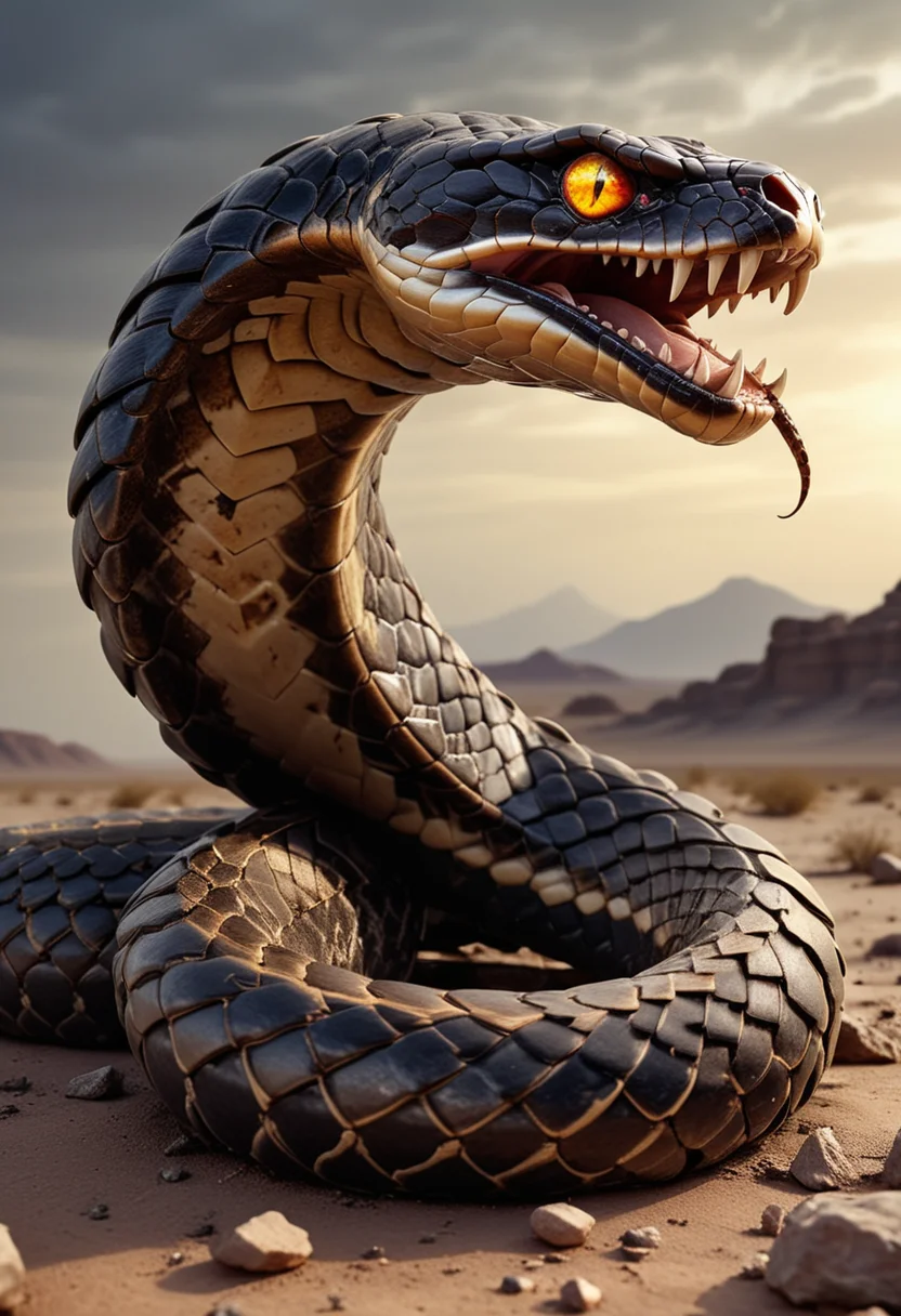 (medium full shot) of (awe-inspiring snake) with muscular body, amber eyes, bronze brown armored scales, venomous fangs, coiling tail, gemstone-studded scales frills, set in a barren desert wasteland, with cracked earth and the remains of ancient structures, a place of mystery and danger, at dawn, ,Masterpiece,best quality, raw photo, realistic, very aesthetic, dark