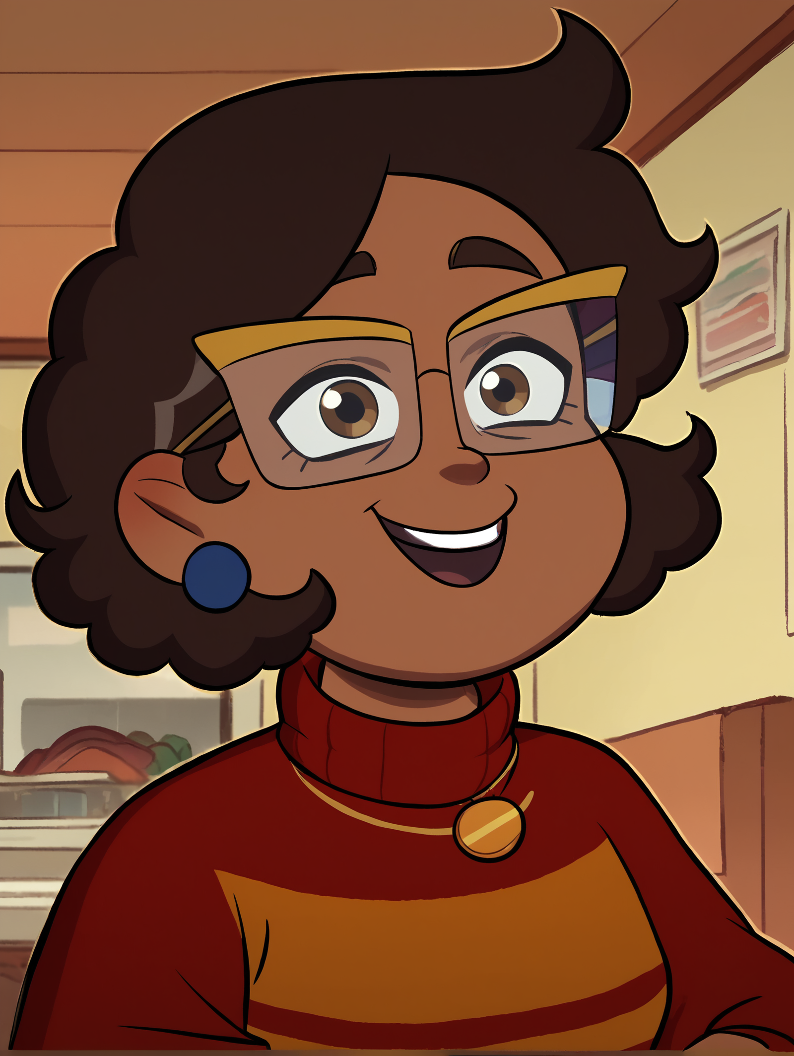 Camila, 1girl, brown hair, curly hair, solo, glasses,jewelry, earrings, smile, brown eyes, sweater, blue pants,indoors, open mouth <lora:CamilaPony1.0:1.0>, score_9, score_8_up, score_7_up, score_6_up, score_5_up, score_4_up, looking at viewer,, zPDXL  <hypernet:bad-hands-5:1>
