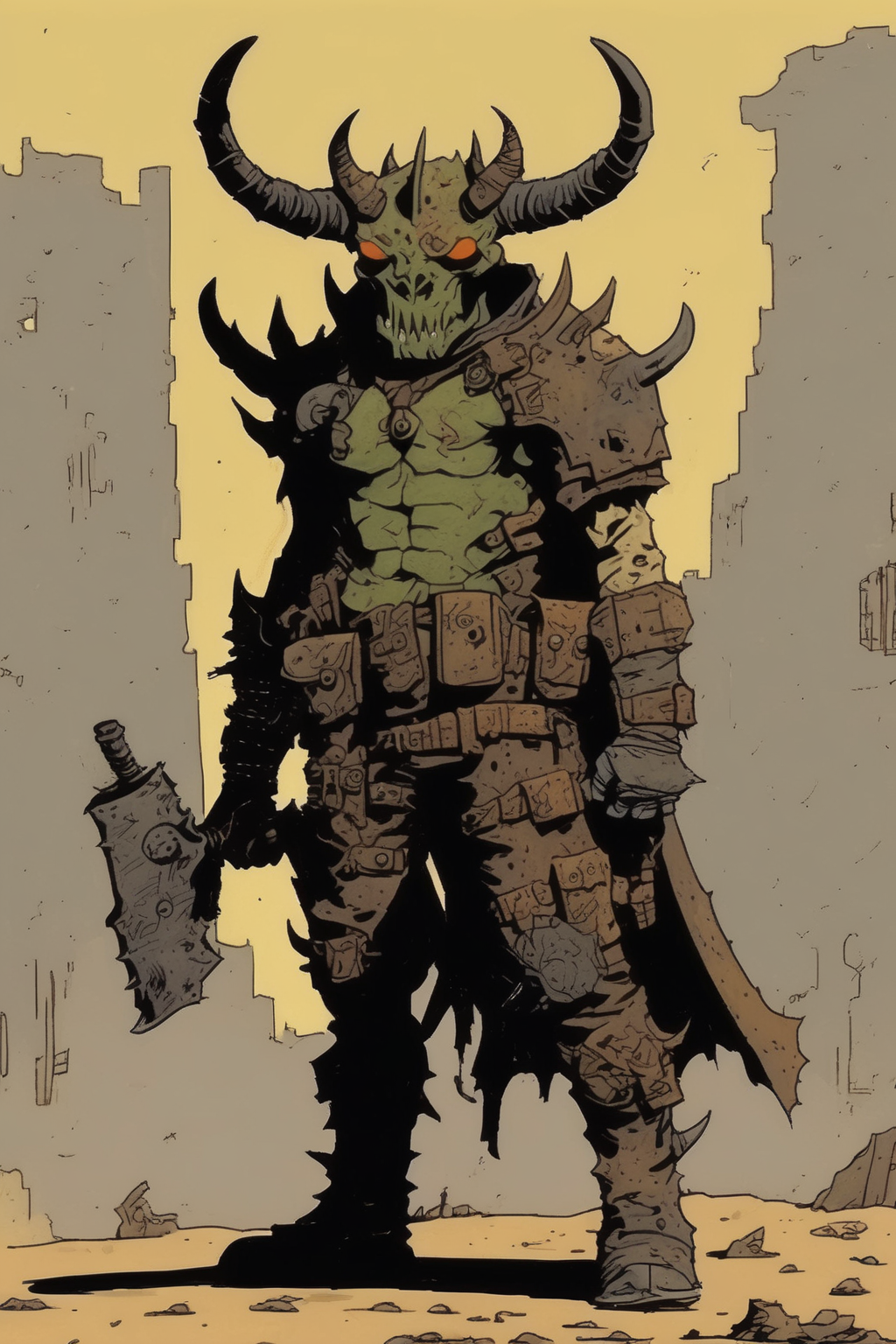 <lora:Mike Mignola Style:1>Mike Mignola Style - horned demon in post apocalyptic armor with no helmet drawn in the style of comic artist mike mignola