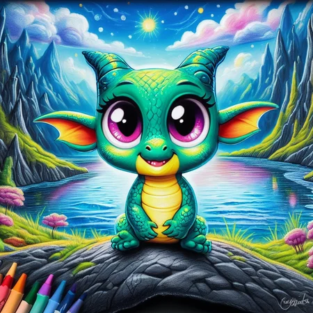 zpdx2,baby dragon, cr4y0n, cave, glittering lake, fantastical, whimsical, cute, big eyes , crayon drawing, colorful, <lora:Colorful_Crayons_Pony:0.8>