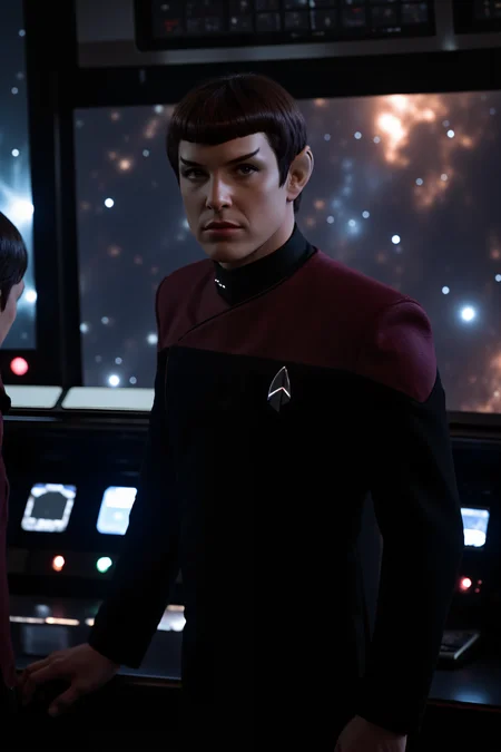 A high-resolution photo of a futuristic starship bridge, bathed in soft, ambient light from the shipâs control panels and displays. At the center of the scene, the captain, vulcan dressed in a striking black PCD uniform with red shoulders, stands confidently at the command station. The uniformâs sleek design and distinctive red hue contrast sharply with the cool, metallic tones of the bridgeâs advanced technology. Behind the captain, large windows reveal a breathtaking view of distant galaxies and vibrant nebulae. The bridge is filled with an array of holographic interfaces and glowing control consoles, creating a high-tech, immersive environment. The captainâs posture and focused expression exude leadership and resolve, perfectly capturing the essence of futuristic command.<lora:midjourney_whisper_flux_lora_v01:0.55><lora:aidmaMJ6.1-FLUX-V0.1:0.4><lora:FluxMythP0rtr4itStyle:0.4><lora:detailed_flux_ntc:2.2><lora:aidmaImageUpgrader-FLUX-V0.1:0.65><lora:PCD_FLUX:1.1><lora:VULCANV1_FLUX:1.3>