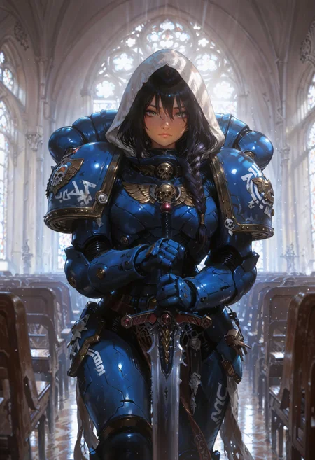 masterpiece, best quality, good quality, newest, highres, absurdres, volumetric lighting,gradient color,
BREAK
raytracing, volumetric lighting, ambient occlusion, girl, background, masterpiece, best quality, very awa, absurdres,
BREAK
UltraM40k, 1girl, solo, dark hair, braided, tan skin, power armor, knight, hood,
BREAK
masterpiece,amazing quality,best quality,ultra-detailed,8K,illustration,CG,shiny hair,clear skin,ultra-detailed-eyes, background,cute girl,
BREAK,
holding a sword, in a church, divine glow,
<lora:DetailedEyes_V3:1> <lora:USNR STYLE_XL_loha:0.45> <lora:GBF_Illustrious:0.4> <lora:NOOB_vp1_detailer_by_volnovik_v1:0.3> <lora:MGE_V5.2_IL:0.6> <lora:ponyv6_noobE11_2_adamW:0.5> <lora:noobai_vpred_1_masterpieces_v1:1> <lora:748cmXLillokrV5311P:0.6> <lora:ILLUltraM40k:1>