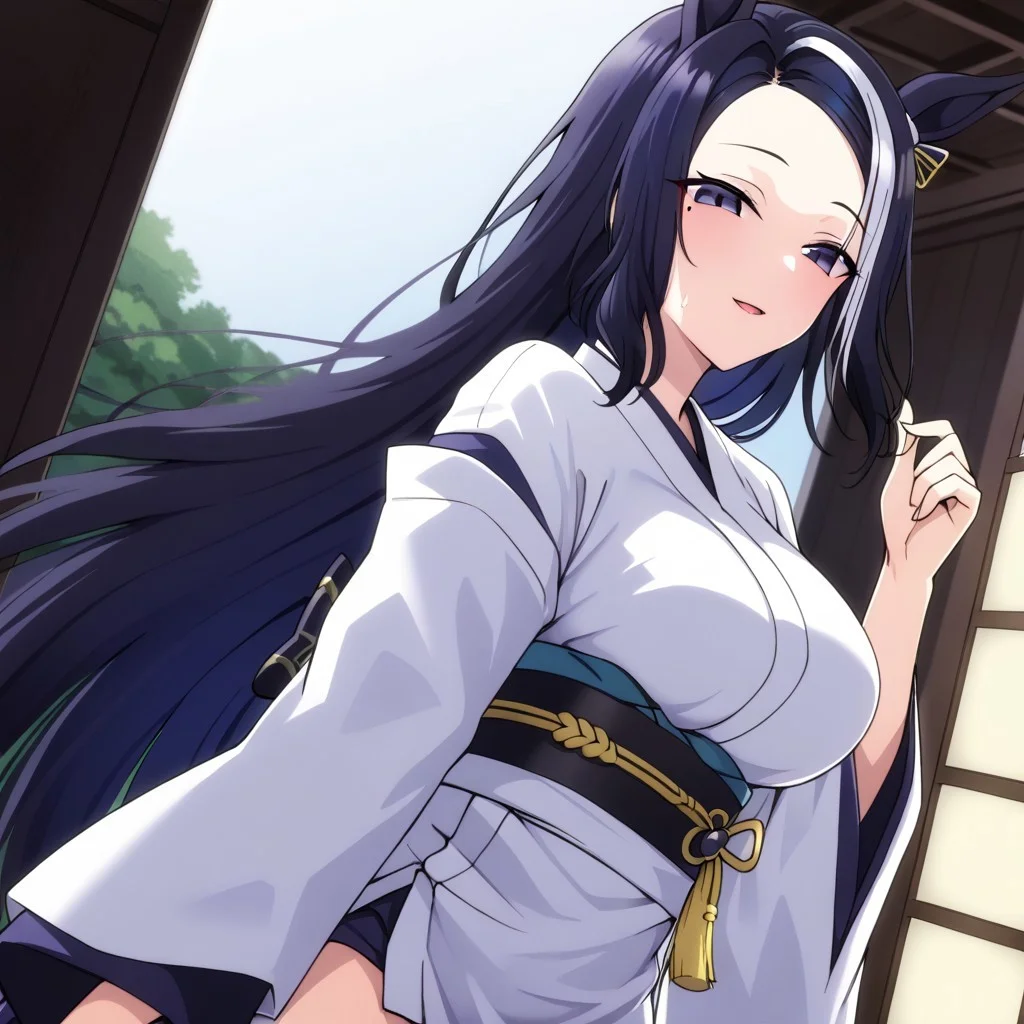 18 years old ,women,solo,1girl,nsfw,
rmnsd, horse girl, multicolored hair, streaked hair, ear ornament, mole under eye saimin.il,
saimin, tsubaki, white clothes, white kimono,
clothed girl, kimono,