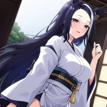 18 years old ,women,solo,1girl,nsfw,
rmnsd, horse girl, multicolored hair, streaked hair, ear ornament, mole under eye saimin.il,
saimin, tsubaki, white clothes, white kimono,
clothed girl, kimono,