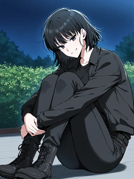 <lora:Omniscient Reader's Viewpoint _ Han Sooyoung_epoch_7:1>
1 girl, solo, short hair, messy hair, black hair, black eyes,
black jacket, black t-shirt, black skinny pants, black combat boots, all black outfit,
score_9, score_8_up, score_7_up, very aesthetic, source_anime, detailed, high quality, beautiful, detailed eyes, masterpiece, best quality, absurdres, perfect anatomy, 1girl, solo, hugging your own legs, sitting, garden background, charming smile, night