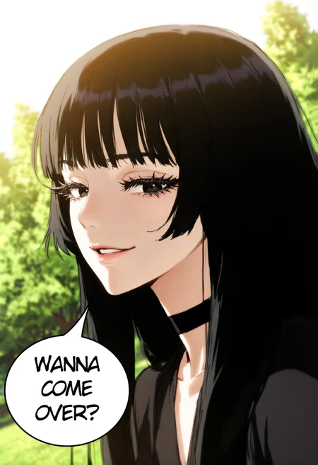 in style of solo leveling,  
manhwa, <lora:Manhwa_Style_illustrious_Leaf1:0.8>
1girl, dynamic pose, smug, looking down, parted lips, black eyes, long eyelashes, thick eyelashes, choppy bangs, long hair, black choker,  dutch angle, blurry background, outdoors, looking at viewer, profile, 
very awa, best quality, highres, masterpiece,