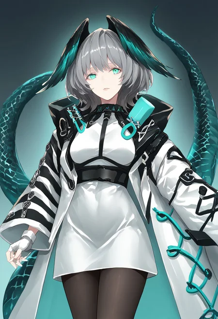 score_9, score_8_up, score_7_up, score_6_up, score_5_up, score_4_up, source_anime, 1girl, solo, 
Hoolheyak, short hair, grey hair, head wings, snake tail, aqua eyes, white dress, bodycon dress, short dress, white coat, black sleeves, white sleeves, two-tone coat, wide sleeves, belt, black collar, jewelry, fur-trimmed coat, hood down, open coat, black pantyhose, fingerless gloves, white gloves, 
masterpiece, best quality, very aesthetic, absurdres,