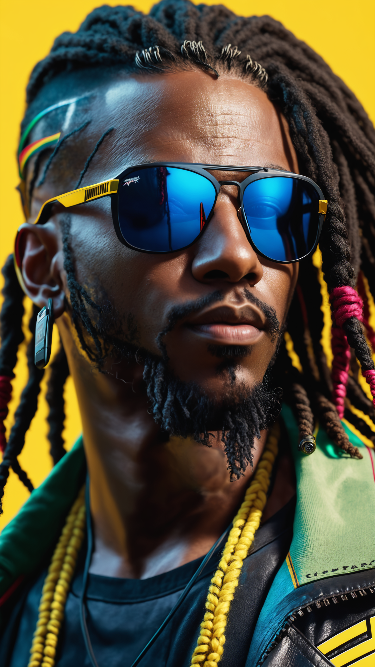 super high res, melhor qualidade, foto, 16k, (photorealistic: 1.2), cinematic lighting, In addition he wears mirrored sunglasses and also has dreads in his hair (Cyberpunk 2020), photo of a black man with rasta hair, photorealistic