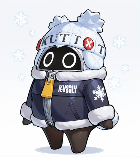masterpiece, best quality, solo, bangboo, standing, full body, winter hat, winter coat, zipper, zipper pull tab, circular eyes, winter snowfall background, iceland, norway, cute, <lora:bangboo-v2-illustrious:0.9>