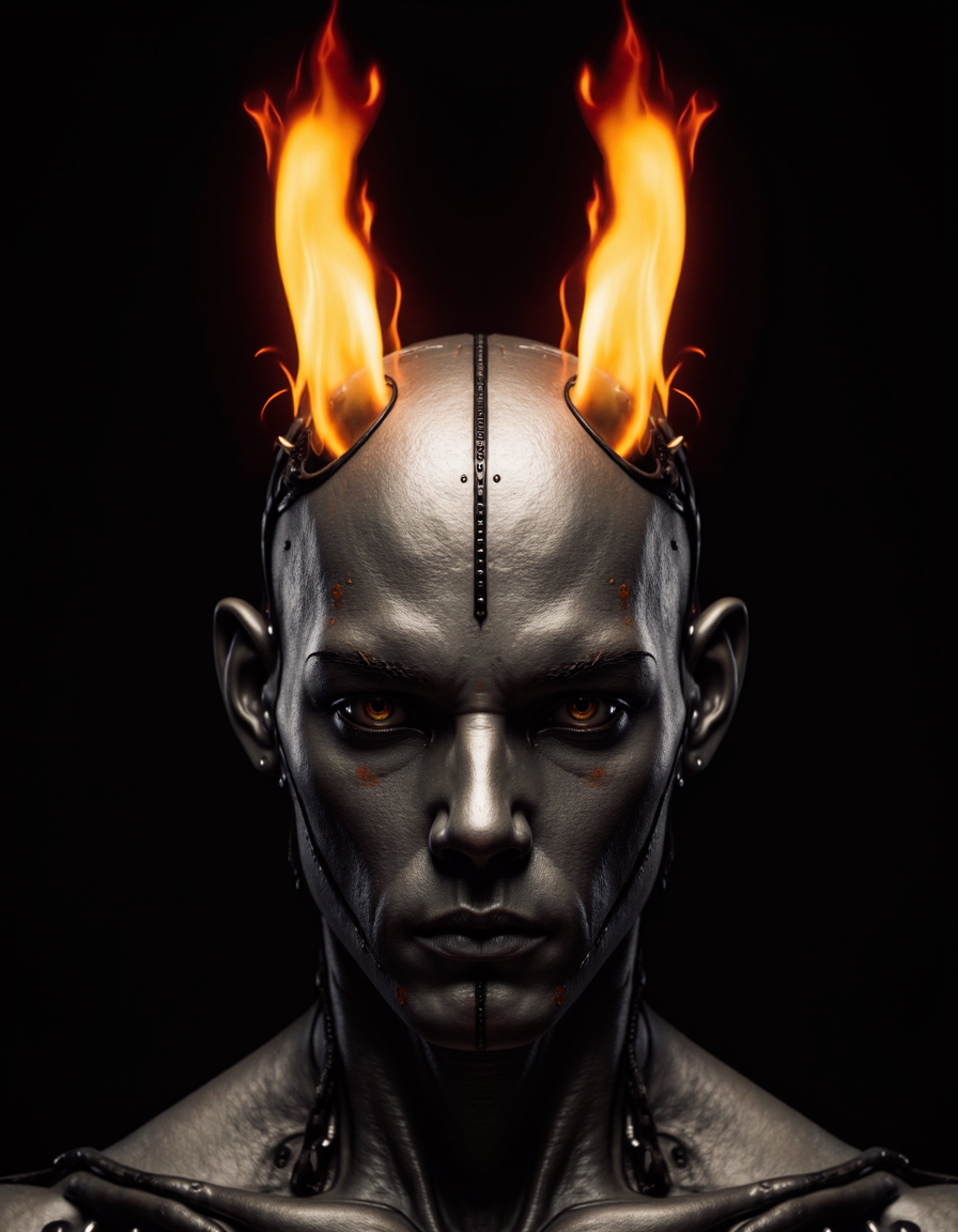 Surrealist digital photography by an unknown artist. The image features a symmetrical composition where the central element appears as a robotic face with an intense, otherworldly expression. Two bright flames emerge symmetrically from the top, resembling fiery horns against a dark background. The metallic face has intricate details, with sharp, geometric lines creating a fantastical and somewhat menacing visage. The glowing flames provide stark contrast, creating an intense and dramatic visual effect, characteristic of surrealism and futuristic themes.