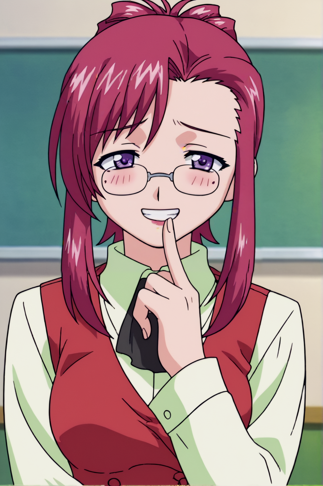 score_9, score_8_up, score_7_up,anime_source, source_anime, best background, detailed background, anime screencap,  Kazami Mizuho, Main Outfit, glasses, solo, indoors, teacher, blush, naughty face, grin,  <lora:JN_Kazami_Mizuho:0.8>