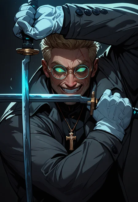 masterpiece, best quality, newest, simple background, 1boy, solo, <lora:Alexander Anderson Crossed Swords Pose:1> dual wielding, holding sword, sword, katana, straight-on, crossed swords, arm up, hand up, looking at viewer, evil grin, clenched teeth, glowing eyes, upper body,
alexander anderson, blonde hair, short hair, beard stubble, green eyes, scar on cheek, round eyewear, cross necklace, grey coat, long coat, black jacket, white gloves