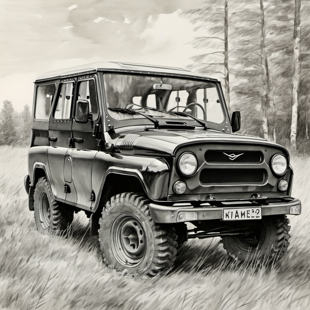 a drawing of black uaz_hunter on field, handdrown <lora:uaz_hunter:1>