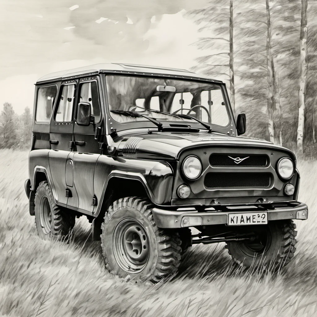 a drawing of black uaz_hunter on field, handdrown <lora:uaz_hunter:1>