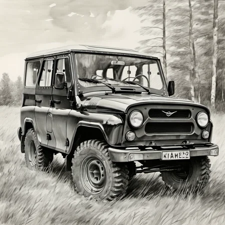 a drawing of black uaz_hunter on field, handdrown <lora:uaz_hunter:1>