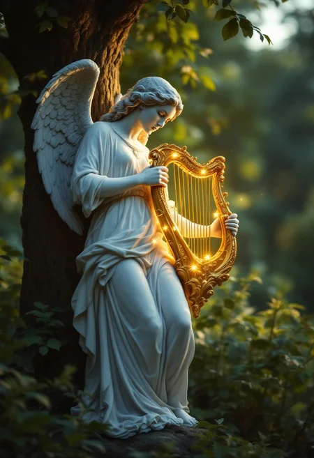 Imagine an intimate outdoor garden scene with a solemn statuesque marble angel leaning against a tree, surrounded by lush green foliage. In one hand, the angel holds a golden harp, emanating a warm, ethereal glow like the sun at dusk, while the other hand cradles a small weeping child. The angel and child are connected through a shared gaze, evoking a bittersweet sense of comfort and loss, as the child simultaneously clings to the angel for protection and embraces the inevitability of a parting embrace,