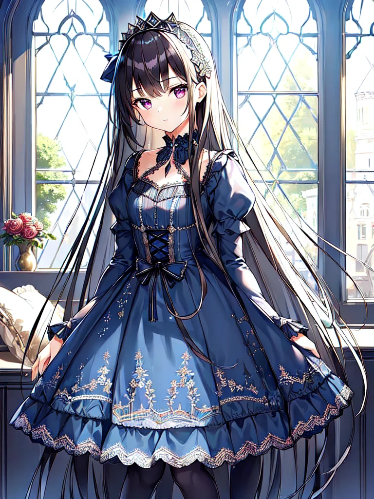 ((masterpiece)),((best quality)),(ultra-detailed),(illustration),((an extremely delicate and beautiful)),(dynamic angle), 
1girl, flowers, spring, beside window, rose, very long hair, detailed face, long eyelashes,  flower in eye,  frilled sleeves, corset, tiara, princess, 
purple eyes,  wide-eyed, clear sky, daylight, sunny,  ai is sb, ai is sb, (dark blue dress:1.4), rose, black hair, patterned clothing,  (lo gothic:1.2), platform heels, dark blue thighhighs,   <lora:lo_fashions_v5:0.64>