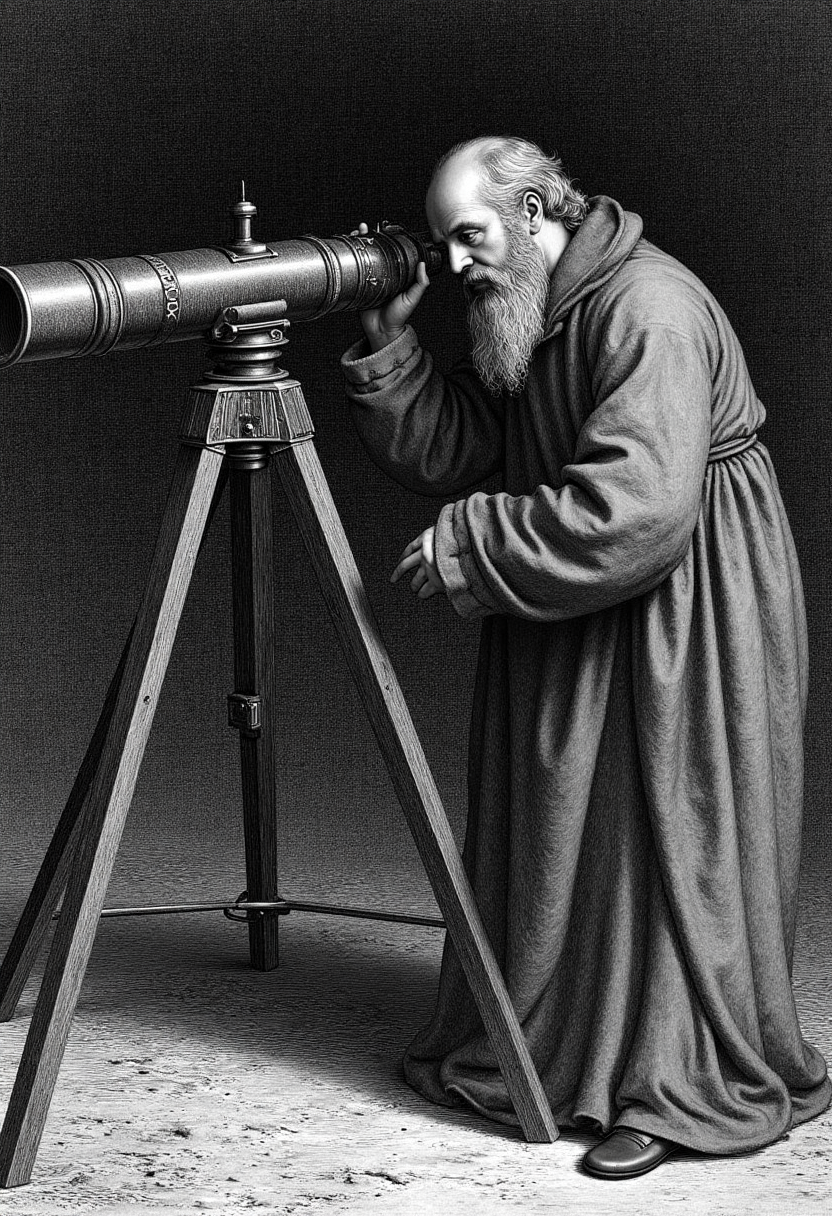 A soft-ground etching of Galileo Galilei looking through a telescope, observing the night sky and challenging Aristotelian views.
