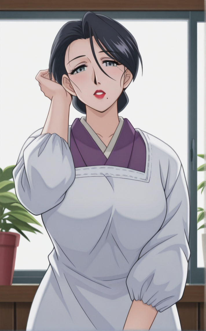 masterpiece, best quality, insaneres, absurdres,hand in own hair, standing, arm up, solo, looking at viewer, window, indoors, parted lips, plant, cowboy shot, shiny skin, backlighting, potted plant, indoors,  <lora:ILLUSTXL_MistreatedBride_SumieTakayanagi_ownwaifu:1>, BREAK WhiteApron_SumieTakayanagi_ownwaifu, 1girl, black hair, breasts, grey eyes, japanese clothes, lipstick, makeup, mature female, mole under mouth, red lips, white apron, kimono, single hair bun, apron, kappougi, hair between eyes, large breasts,