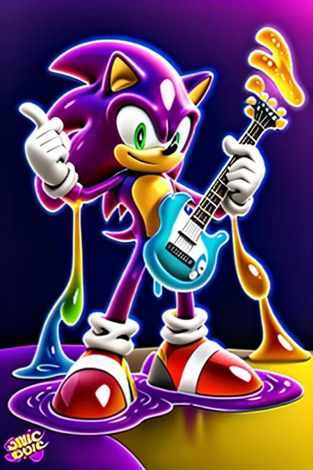 Create a vibrant, high-energy scene featuring Sonic the Hedgehog playing a guitar. Sonic is posing in a dynamic, rockstar stance, with his iconic red shoes and white gloves contrasting against the colorful, gooey slime.
The guitar is covered in a thick, translucent layer of slime-morph that's dripping and oozing down the instrument's body. The slime is a bright, electric green and is adorned with colorful, swirling patterns that match Sonic's energetic personality.
The scene is set against a bright, sunny background with a hint of a cityscape or a futuristic landscape. The atmosphere is lively and energetic, with bold, dynamic lines and vibrant colors that match Sonic's speed and personality.
The image should have a stylized, cartoonish feel with bold lines, vibrant colors, and a sense of dynamic movement. Sonic and the slime guitar should be depicted in a fun, exaggerated manner, with a focus on conveying energy, excitement, and rockstar attitude.