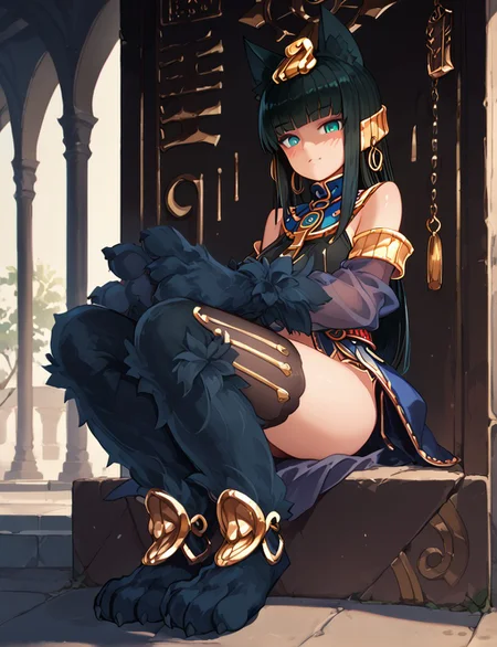 (Score_9, score_8_up, score_7_up), (masterpiece), (expressive eyes), 1girl, Anubis, animal arms, animal legs, kneehigh fur, animal ears, black hair, black fur, <lora:MGE_V5.0:1.2>