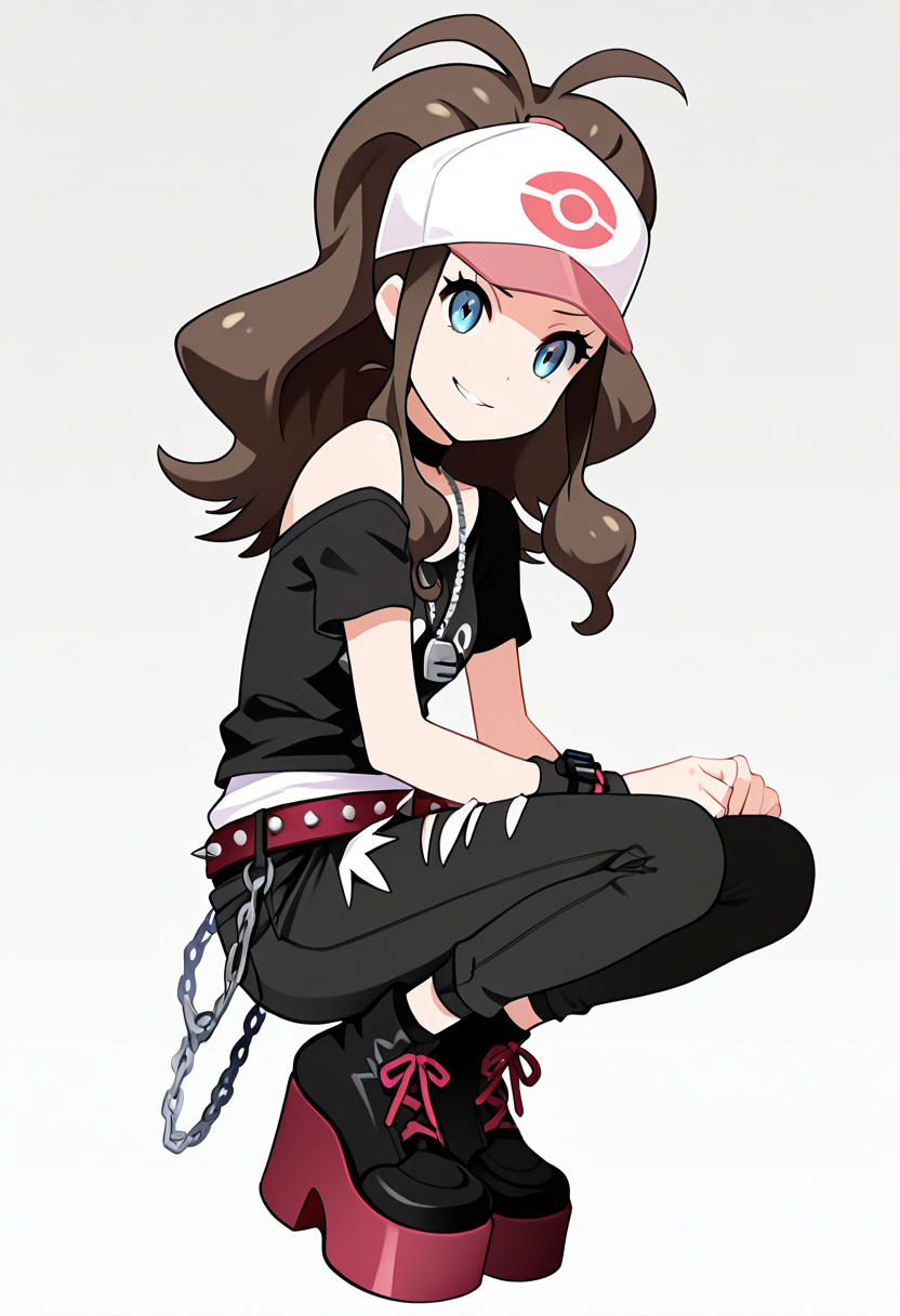 masterpiece, best quality, 1girl, solo, eyelashes, (beautiful eyes),   zzHilda, blue eyes, long hair, high ponytail, sidelocks, hat, <lora:HildaPokemonIXL_e08:1.0>, head tilt, smirk,  squatting, low angle, from side, foot focus, platform footwear,   C0utur3Cr4z3, solo, simple background, shirt, 1boy, white background, jewelry, standing, full body, male focus, boots, shoes, choker, belt, pants, necklace, off shoulder, black footwear, bracelet, black shirt, chain, black pants, t-shirt, spikes, , print shirt, fashion, studded belt,   <lora:CoutureCraze_IXL:1.0>,