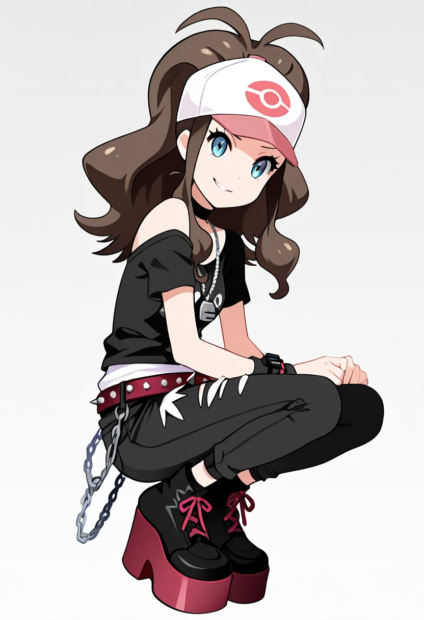 masterpiece, best quality, 1girl, solo, eyelashes, (beautiful eyes), zzHilda, blue eyes, long hair, high ponytail, sidelocks, hat, <lora:HildaPokemonIXL_e08:1.0>, head tilt, smirk, squatting, low angle, from side, foot focus, platform footwear, C0utur3Cr4z3, solo, simple background, shirt, 1boy, white background, jewelry, standing, full body, male focus, boots, shoes, choker, belt, pants, necklace, off shoulder, black footwear, bracelet, black shirt, chain, black pants, t-shirt, spikes, , print shirt, fashion, studded belt, <lora:CoutureCraze_IXL:1.0>,