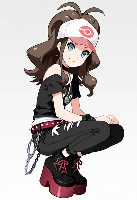 masterpiece, best quality, 1girl, solo, eyelashes, (beautiful eyes), zzHilda, blue eyes, long hair, high ponytail, sidelocks, hat, <lora:HildaPokemonIXL_e08:1.0>, head tilt, smirk, squatting, low angle, from side, foot focus, platform footwear, C0utur3Cr4z3, solo, simple background, shirt, 1boy, white background, jewelry, standing, full body, male focus, boots, shoes, choker, belt, pants, necklace, off shoulder, black footwear, bracelet, black shirt, chain, black pants, t-shirt, spikes, , print shirt, fashion, studded belt, <lora:CoutureCraze_IXL:1.0>,