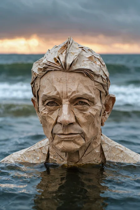 breathtaking origami, close up portrait of a mature irish man with flushed skin swimming in the cold sea at dawn, soft light, eerie serene photograph by annie leibowitz, 2 0 1 9, thomas kinkade, bouguereau, award winning, paper art pleated paper folded origami art pleats cut and fold