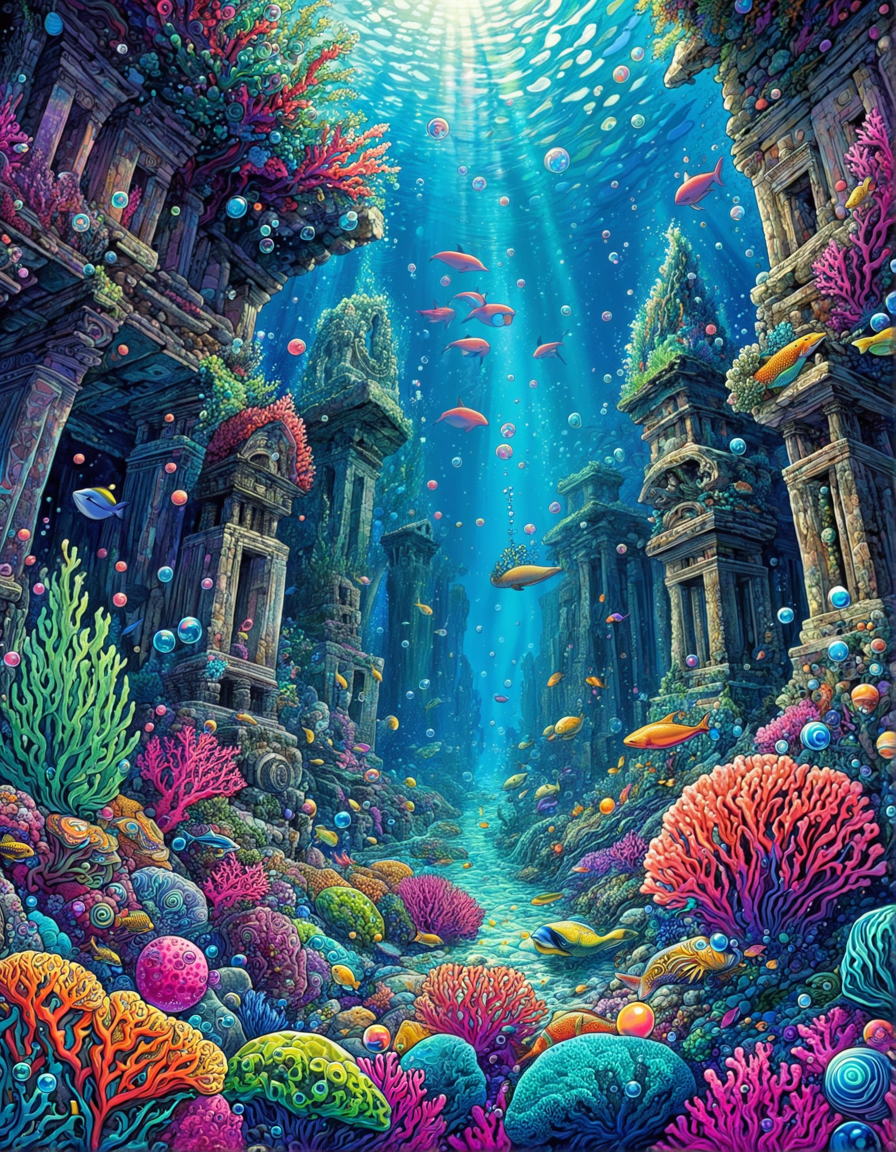 trippy artwork, illustration, abstract, vibrant, underwater, fantasy coral reef, colorful coral, fish, whales, kelp, aquatic vegetation, ancient ruins, rocks, bubbles, high contrasts