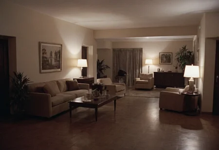 analog film photo Sonny Crockett, Jack Torrance, MiamiVice, CineShining, indoors, Overlook Hotel, room 237, living room . faded film, desaturated, 35mm photo, grainy, vignette, vintage, Kodachrome, Lomography, stained, highly detailed, found footage
