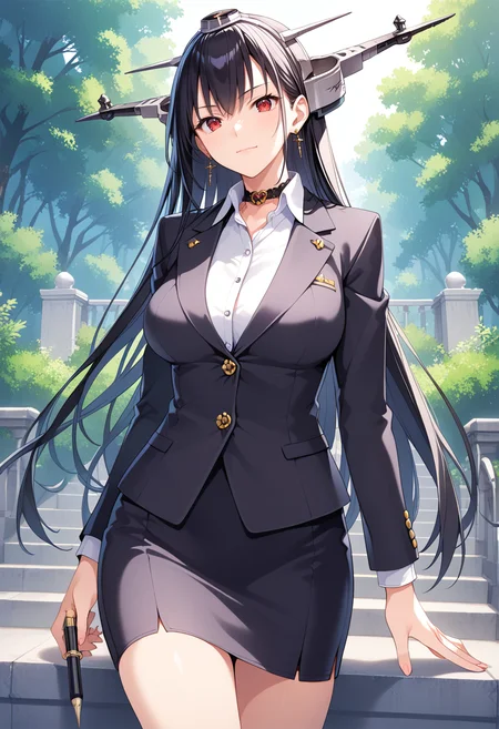 business suit, salaryman, pencil skirt, breasts, <lora:KC_05BB_nagato_kai2_pony:0.7> red eyes, long hair, black hair, nagato-kc, headgear, score_9,score_8_up, score_7_up, source_anime, masterpiece, best quality, official art, official style, game cg, megami magazine, rating_safe, rating_questionable, <lora:Fixhands_anime_bdsqlsz_V1:0.75>,