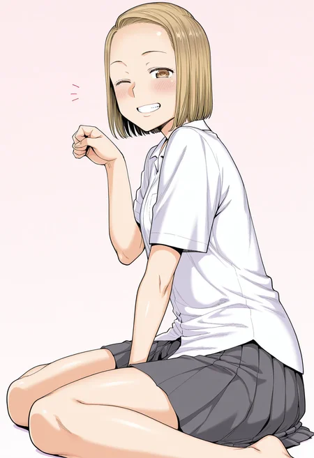 masterpiece, 1girl, solo, c-karami, niiyama, forehead, blonde hair, brown eyes, short hair, collared shirt, short sleeves, untucked shirt, pleated skirt, grey skirt, paw pose, simple background, wariza, from side, hand between legs, blush, grin, looking at viewer, wink
